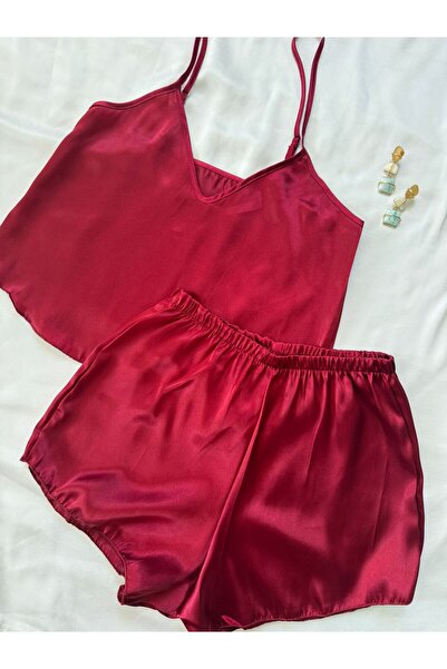 İNKO İÇ GİYİM Burgundy Satin Adjustable Strap Shorts Pajama Set
