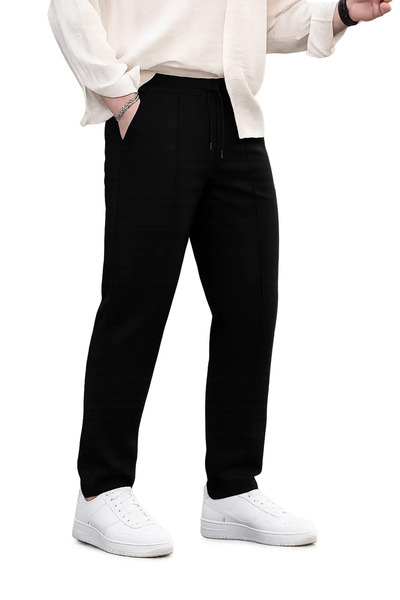 DAMGA JEANS Men's Elastic Waist Flexible Wide Leg Black Trousers
