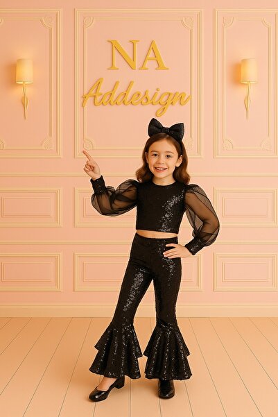 NA ADDESIGN Costum cu paiete pentru fetiță, bluză cu mâneci balon, pantaloni ...