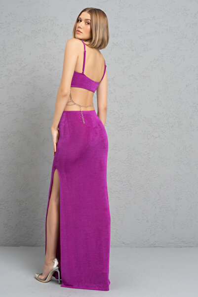 Kikiriki Magenta Beli Zincir Detaylı Maxi Elbise
