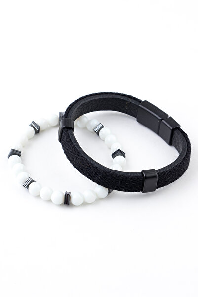 Sortie Aksesuar Genuine Leather and Hematite Natural Stone Men's Combination ...