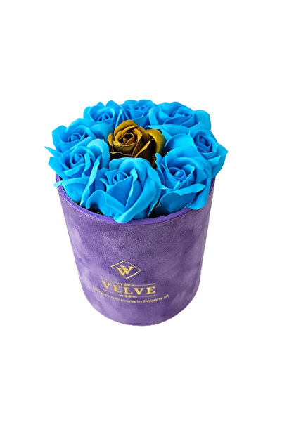 velve Aranjament floral Velvet, cu 9 trandafiri de sapun, in cutie mov de catifea, Albastru/Auriu