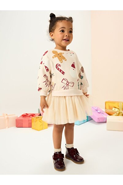 Next Baby Кремаво червено рокля с дълги ръкави с коледна тематика
