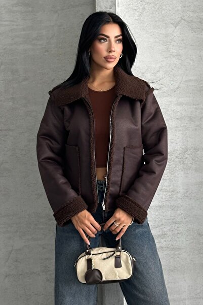 moda armanc Γυναικείο παλτό Biker από συνθετικό δέρμα με διπλή τσέπη και επένδυση από ψεύτικη γούνα