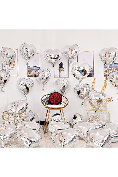 Go İthalat Metalized Shiny Silver Heart Shaped Flying Balloon Foil 18 Inch 45 cm 10 Pieces (5273)