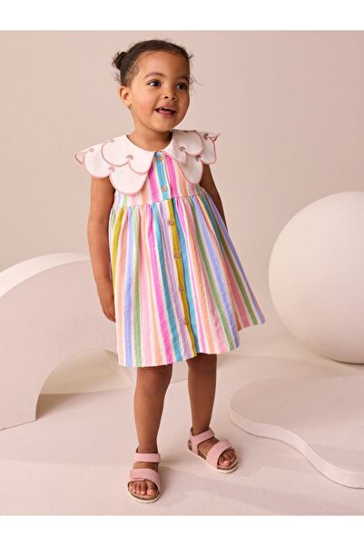 Next Baby Βαμβακερό ροζ φόρεμα με κοντό μανίκι με λαιμόκοψη σε σχήμα καρδιάς