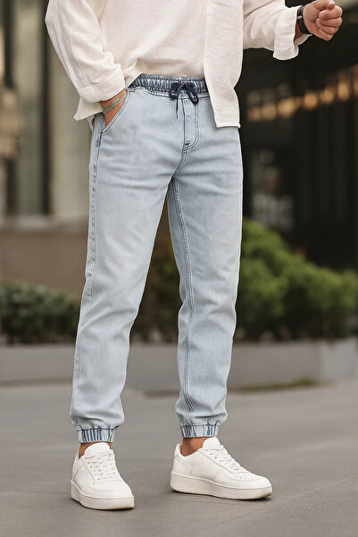 DAMGA JEANS Men's Elastic Waist Ice Blue Denim Jogger Pants