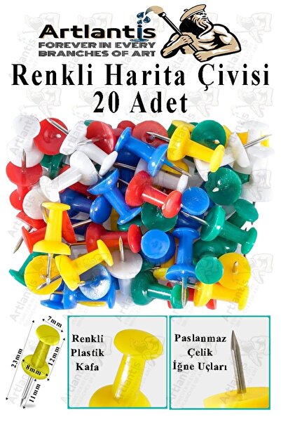 Artlantis Harita Çivisi Renkli 20 li 1 Paket Renkli Plastik Mantar Pano Raptiyesi Pano İğnesi Ofis Okul Büro R