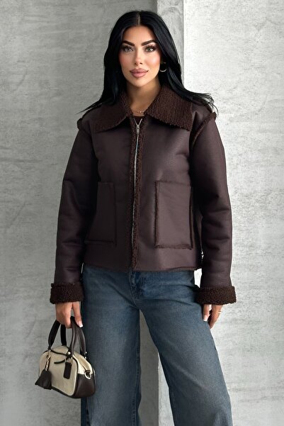 moda armanc Γυναικείο παλτό Biker από συνθετικό δέρμα με διπλή τσέπη και επένδυση από ψεύτικη γούνα