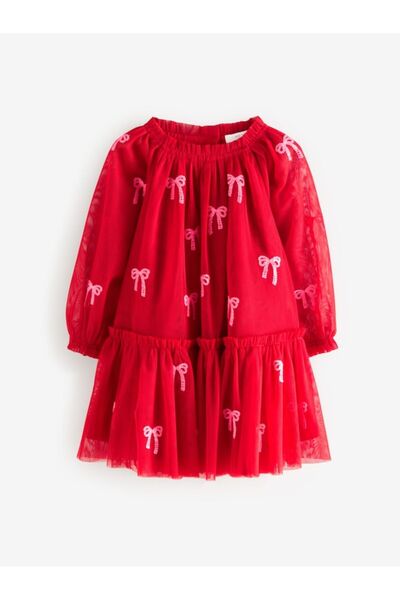 Next Baby Red Bow Sequined Mesh Party Dress