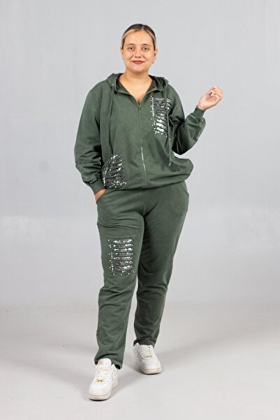 Truva XXL Plus Size Ripped Detail 95% Cotton 5% Lycra Green Hooded Tracksuit Set