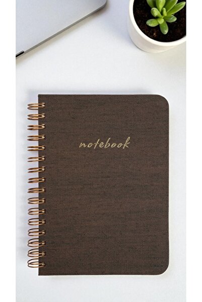 Printer X Studio دفتر ملاحظات ذو غلاف من الكتان البني ذو حواف بيضاوية مخططة -...
