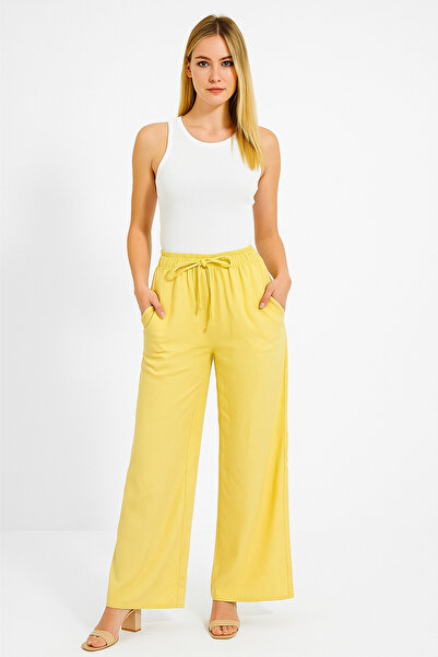 SheLoria بنطلون نسائي أصفر بحزام مطاطي عند الخصر، جيبان، قصة مريحة، بنطلون با...