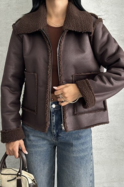 moda armanc Γυναικείο παλτό Biker από συνθετικό δέρμα με διπλή τσέπη και επένδυση από ψεύτικη γούνα