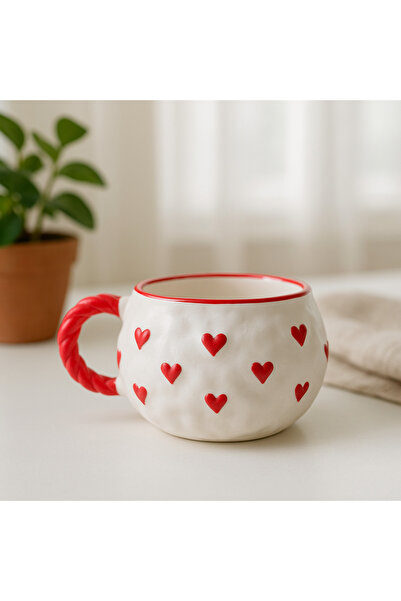 Kotium Ceramics Special Embossed Hand-Painted Ceramic Mug with Red Heart Pattern and Embossed Texture on the Surface