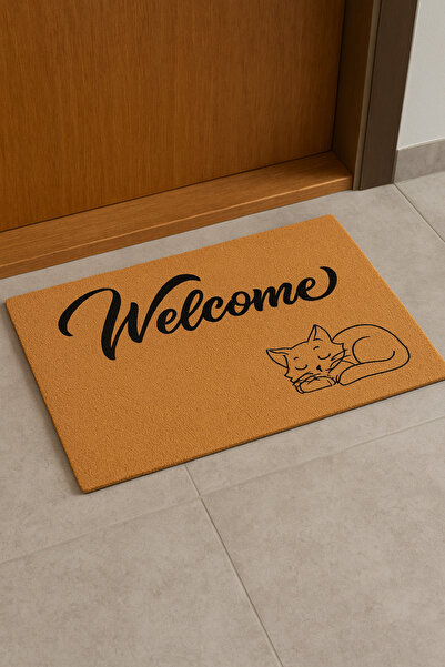 Dormot Koko Textured Door Mat - Welcome Written in Cat Print, Non-Slip Base, 45X70 cm