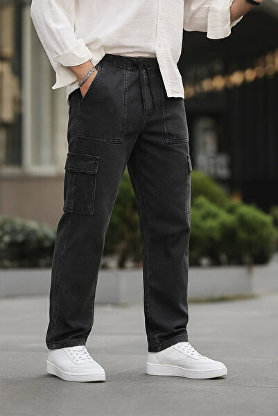 DAMGA JEANS Men's Wide Leg Cargo Pocket Smoked Jeans