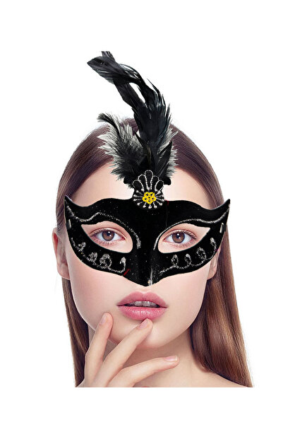 Go İthalat Black Color Feathered Black Suede Overlay Party Prom Mask 20X16 cm (5273)