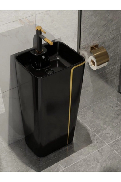 yediyapı Yedi Yapı Siyah-Gold Mono Blok Ayaklı Kolon Köşeli Seramik Lavabo