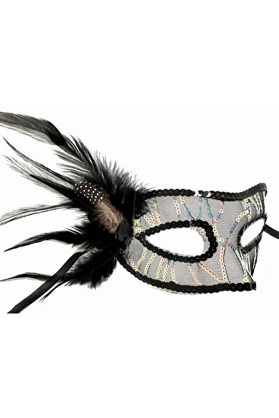 Go İthalat Black Color Side Feathered Sequin Embroidered Party Mask 23X12 cm (5273)