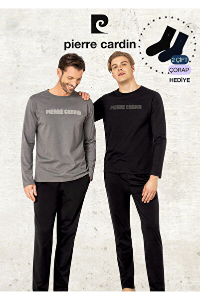Pierre Cardin Men's Clothing 100% Cotton Long Sleeve Dark Grey & Black Two Pieces Pajama Set L1.Pc.6093.002
