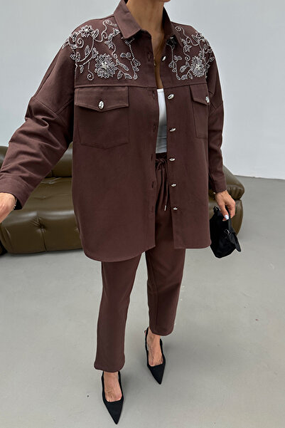 MİA NOURA Women's Embroidered Front and Back Gabardine Shirt and Pants Set