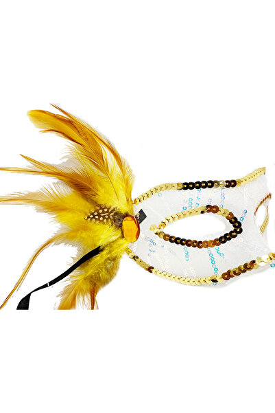 Go İthalat Gold Color Side Feathered Sequin Embroidered Party Mask 23X12 cm (5273)
