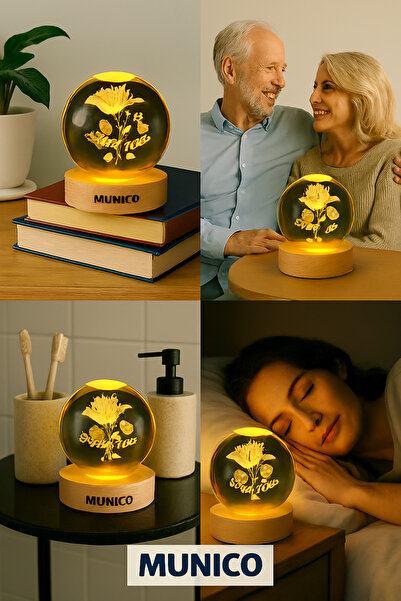 Munico I Love You Yazılı Işıklı Cam Küre Gül Figürlü, Büyük Boy, Ahşap Tabanl...