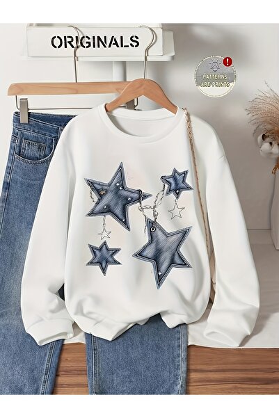 GALASHOP Kadın zincilirli Yıldız baskılı sweatshirt