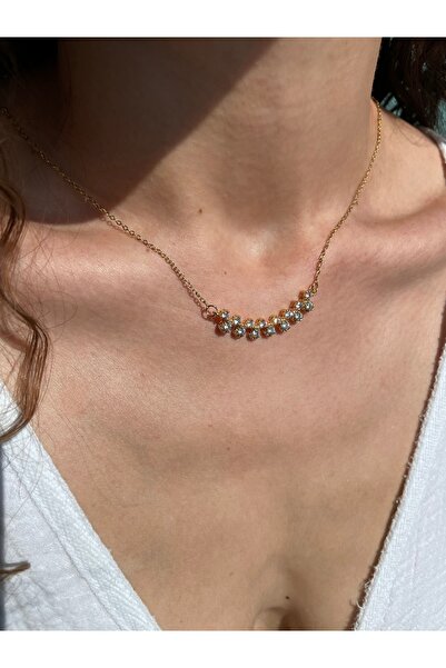 Hora Zirkon Taş İşlemeli Mücevher İşçilikli Gold Çelik Kolye