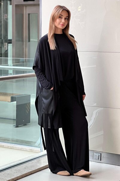 Nurcan Çetin Leather Patterned Pocketed Fringe Detailed Cap Trousers Triple Taım