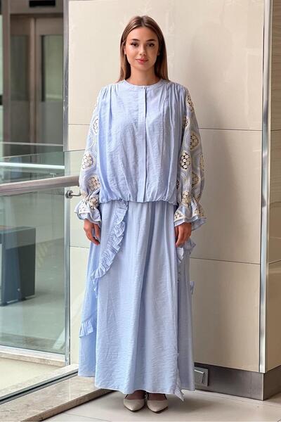 Ghisa Shirt Sleeves Guipure Skirt Ruffle Set