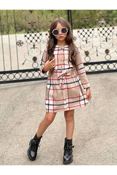 KOKOŞ BEBEK Plaid Hooded Jacket Shirt and Bow Detail Skirt Set