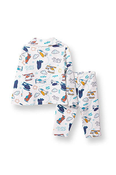 ebebek Hello Baby HelloBaby Erkek Bebek Uzun Kol Pijama Takımı İnterlok Düğmeli Bebe Yaka Reçme Paça