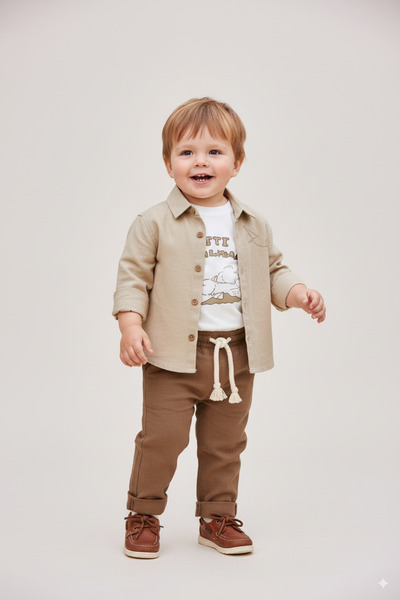 momchi Cream Brown Boys' 3-Piece Set 100% Linen Shirt & Pants, 100% Cotton T-Shirt with Kite Embroidery