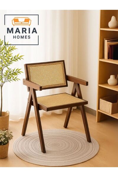 MARIA HOMES Mid-Century Modern Accent Chair - Solid Wood Frame Armchair with Rattan for Home, Office Living Room