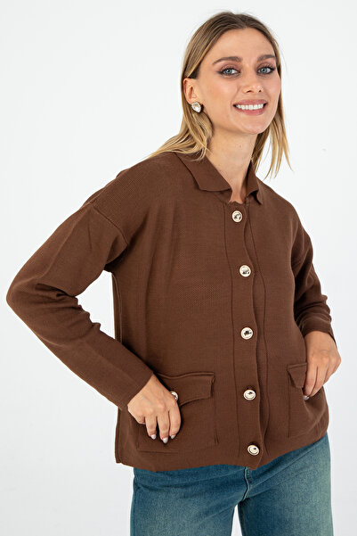 Nuevo Cardigan de damă cu nasturi, de culoare maro – Design minimalist, croia...