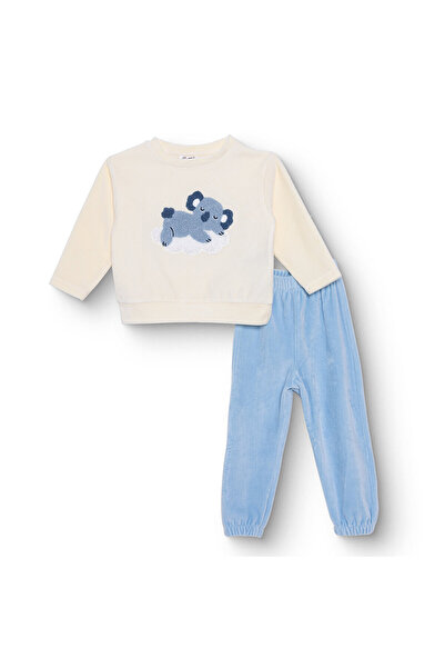 ebebek Hello Baby HelloBaby Erkek Bebek Kadife Pijama Takımı Bisiklet Yaka Uzun Kol Ribanalı Paça