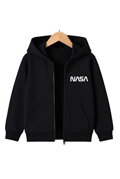 CLASSY.MODA سترة بقلنسوة مطبوعة من ناسا - بسحاب - جيب كنغر - سترة مريحة بثلاث خيوط