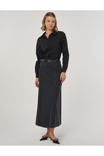 Kayra Belt Detailed Pencil Skirt Smoked