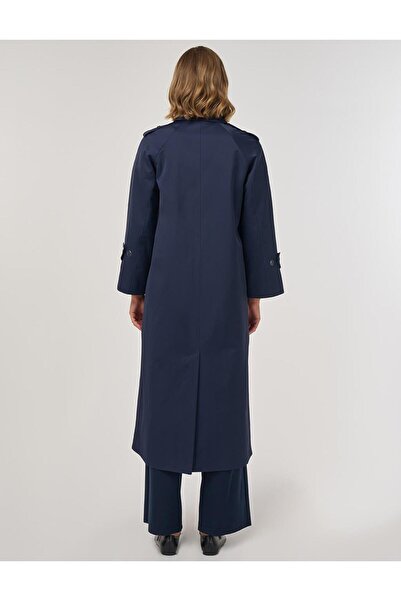 Kayra Şömizye Yaka Uzun Trençkot Koyu Lacivert