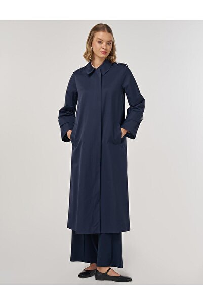 Kayra Şömizye Yaka Uzun Trençkot Koyu Lacivert