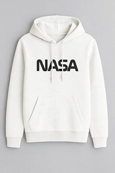 classy moda Nasa Printed White Hooded Sweatshirt - Kangaroo Pocket - 3 Thread...