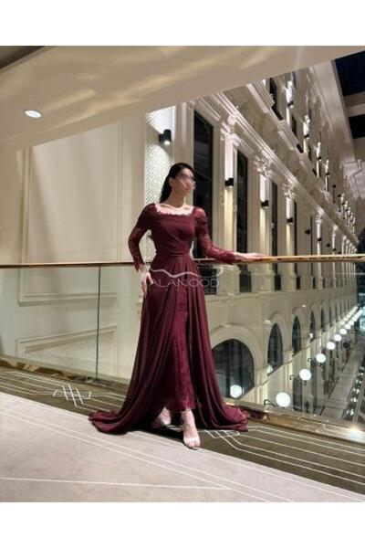 Fashion jewels فستان دانتيل أنيق باللون العنابي