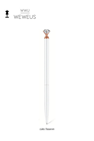 Weweus Beyaz Rose Detaylı Mini Kristal Şekil Lüks Tükenmez Kalem