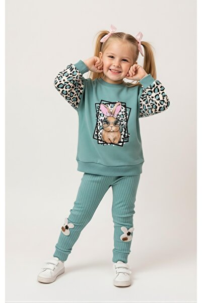 Beray Bebe Girls' Set with Leopard Patterned Sleeves and Rabbit Printed Ribbed Leggings