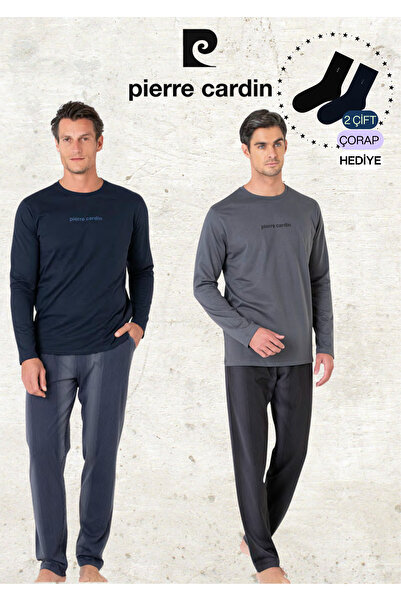 Pierre Cardin Erkek %100 Pamuk Uzun Kollu Lisanslı Koyu Gri & Lacivert İki Adet Pijama Takımı L1.PC.6095.002