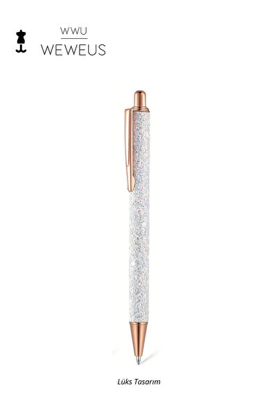 Weweus Beyaz Rose Detaylı Beyaz Simli Lüks Tükenmez Kalem