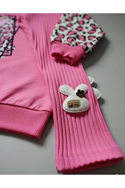 Beray Bebe Kolları Leopar Desenli Tavşan Baskılı Fitilli Taytlı Kız Çocuk Takımı