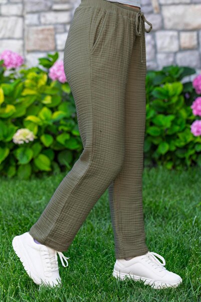 Eliş Şile Bezi Elastic Waist Multi Double Pocket Muslin Women'S/Men's Unisex Summer Trousers Khaki Hk